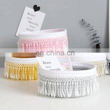 Hot Sale Cute Cotton Woven Storage Basket With Macrame Tassels, Hand Woven Cosmetics Basket thumbnail-1