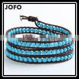 Retro Vintage Lovely Multilayer 4mm Round Blue Turquoise And Hand Knotted Brown Leather Wrap Bangle Bracelet