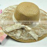 Custom Wholesale Handmade Fashion Floppy Wide Brim Straw Hats With Lace thumbnail-1