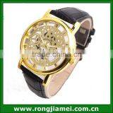 Charming Silvery Color Black Leather Strap Business Gift Genuine Skeleton Watch thumbnail-1