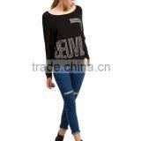 New Arrival Black Loose Style Batwing Sleeve Rhinestones Sweater thumbnail-5