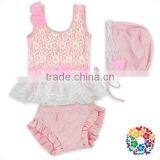 Pink Floral Lace Ruffles Little Girls Beachwear 3 Pcs Set Girls Beach Wear thumbnail-1