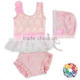 Pink Floral Lace Ruffles Little Girls Beachwear 3 Pcs Set Girls Beach Wear