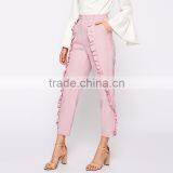 Frilled Women's Tailored Fitted Pants High Waist Pink Cropped Trousers thumbnail-4