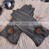 Solid color real leather ladies fur gloves with cute mink fur ball