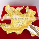 Indian Handicrafts Gold and Silver Plated Leaf Shape Brass Decorative Tray thumbnail-2