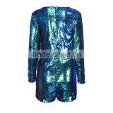 HAODUOYI Blue Sequin Plunge Neck Long Sleeve Evening Party Bodysuit for Wholesale With Low Price thumbnail-3