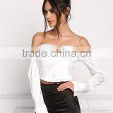 MGOO Manufacturer Custom Soft Satin Blouses Young Girl Sexy Crop Tops Off White Cold Shoulder Shirts thumbnail-5