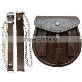 New Scottish Brown Three Tassel Leather Sporran For Kilt With Chain Belt thumbnail-1