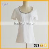 100% cotton sequin round neck women plain white t-shirt