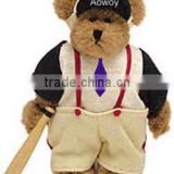 Logo sports teddy bear with baseball bat imprinted plush sports teddy bear with baseball bat bandana t-shirt ribbon mascot toys