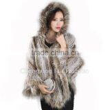 CX-B-95B Wholesale Instant Cape For Women/ Hooded Rabbit & Raccoon Fur Cheap Winter Shawl thumbnail-2