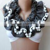 Scarf,Gray Loop Scarf, Ruffle Scarf, Gray Infinity Scarf, Circle, Gray Pashmina,Christmas Scarfs, Pompom Scarf, Fashion,cowl Sca thumbnail-3