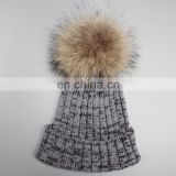 Ladies real fur raccoon pom pom winter skiing hat beanie acrylic hot sale