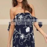 Navy Blue Embroidered off the Shoulder Beautiful Lady One-piece Dress thumbnail-2