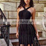 Amigo 2017 New Style Sexy Cross Strap Tassel Bandage Dress Midi Eyelet Beaded Evening Dresses for Women Club Wear thumbnail-2