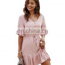 Wholesale Custom-made Women's Clothing Western-style Summer Solid Color Temperament to Work Leisure Pure Color Breathable Dress thumbnail-2