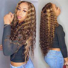 Highlight Wig Human Hair 13X4 Kinly Curly Frontal Wig P4/27 Honey Blonde Highlighted Lace Frontal Wigs For Women thumbnail-1