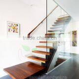 indoor floating and steel support staircase with wood tread and frameless glass guardrails