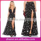 Stars Printed Black Chiffon Girls Fashion Maxi Slit Sexy Latest Women Long Skirt Design