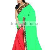 Green and Red Color Weightless Embroidery Sarees thumbnail-1