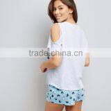Grey Let The Good Times Roll Custom Logo Women Pyjama Set Cold Shoulder Design T Shirt With Shorts Nightwear thumbnail-2