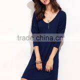 Navy Drop Shoulder Long Sleeve Side Slit Dress Polyester Spandex Casual Plain V Neck Short Dress thumbnail-6