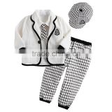 2016 Hot Sale Boy Clothing Prince Handsome Boy Suits White Coats Grey Cap And Strip Pants Children Wear Kids Clothes