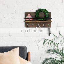 Rustic Brown Mail and Key Holder Organizer Wall Mounted Wood Hanging Mail Sorter With 5 Key Hooks