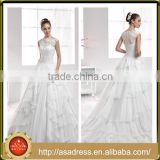 A49 Princess Tiered Big Ruffle Bridal Formal Gown Appliqued Ball Gown Floor Length Lace Chiffon Wedding Dress with Cap Sleeve