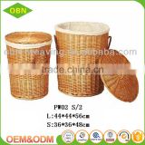 Customized cheap handwoven unique round folding brown wicker laundry basket with cover
