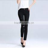 2017 summer latest design mid waist black skinny holes denim pants elastic pant for women