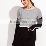 Color Block Drop Shoulder Pockets Sweater Dress Long Sleeve Boat Neck Casual Cotton Blend Sweater thumbnail-2