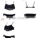 Black Bikini Set With Flouncy Ruffle and Floral Cutouts at Top and Scrunch Bottom thumbnail-6
