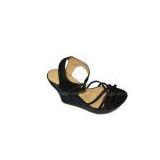 Fashion PU Material Black Color Ladies Wedge Sandals with 11.8cm heels