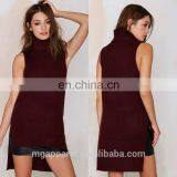 Sexy Burgundy Side Slits Asymmetric Turtleneck Sweater Sleeveless Sweater OEM thumbnail-1