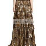 Hot Selling Lame Voile Tiered Silk-blend Lady Skirt, Wholesale Fashion Subtly Flared Shape Maxi Skirt Long Design thumbnail-2