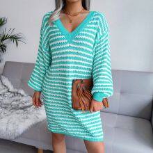 New striped hollow sweater dress knitted dress