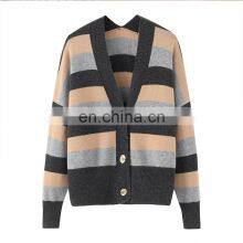 New Arrival Women's Thick V Neck Cashmere Sweater Cardigan Casual Striped Design Button Decoration Autumn-OEM Service Available thumbnail-1