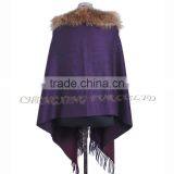 CX-B-P-43G 2016 New Product Noble Shawl Hand Made Wholesale Cashmere Capes And Raccoon Fur Trim Cape thumbnail-6