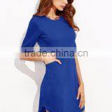 Royal Blue Elbow Sleeve Sheath Dress With Split Hem Polyester Spandex Half Sleeve Plain Casual Pockets Short Dress thumbnail-3