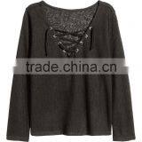 Ladies Wearing Hand Knitted Wool Sweaters With Lacing V-Neck Design thumbnail-5