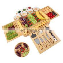 Natural 4 Drawers Bamboo Cheese Board And Cutlery Set Serving Tray With Ceramic Cups And Spoons thumbnail-4