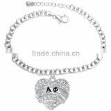 Genuine Austrian Clear Crystal "Alpha Phi" Greek Sorority Heart Charm Chain Link Bracelet thumbnail-1