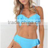2016 Hot Lotus Leaf Lace Fission Bikini Pure Color Sexy Swimsuit Suit thumbnail-3