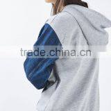 Basic Cotton French Terry Custom Contrast Distressed Denim Sleeve Girl Stylish Hoodie thumbnail-4