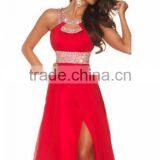 2015 New Arrival Prom Dresses A Line Scoop Sweep/Brush Train Chiffon Red Evening Dresses With Slit thumbnail-3