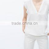 Fashion Ruffles Sleeves Women V Neck White Tank Tops Blank Chiffon Shirt thumbnail-1