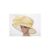 12cm Brim Light Yellow Women Church Hats , Sinamay Fascinators With Feather For Party thumbnail-1