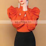 TWOTWINSTYLE Patchwork Hollow Out Shirt For Women Stand Collar Puff Sleeve Casual Black thumbnail-2